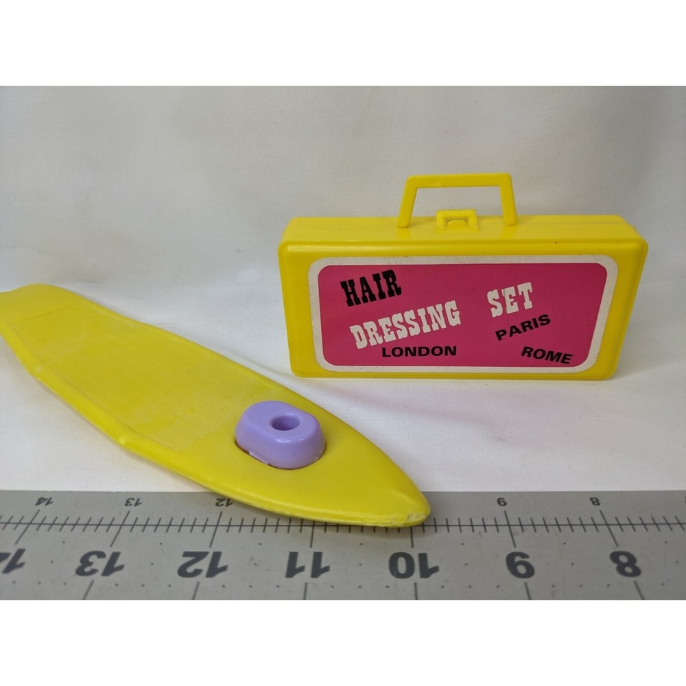 Vintage Fashion Doll Suitcase Luggage Dressing Set Yellow Surfboard Base